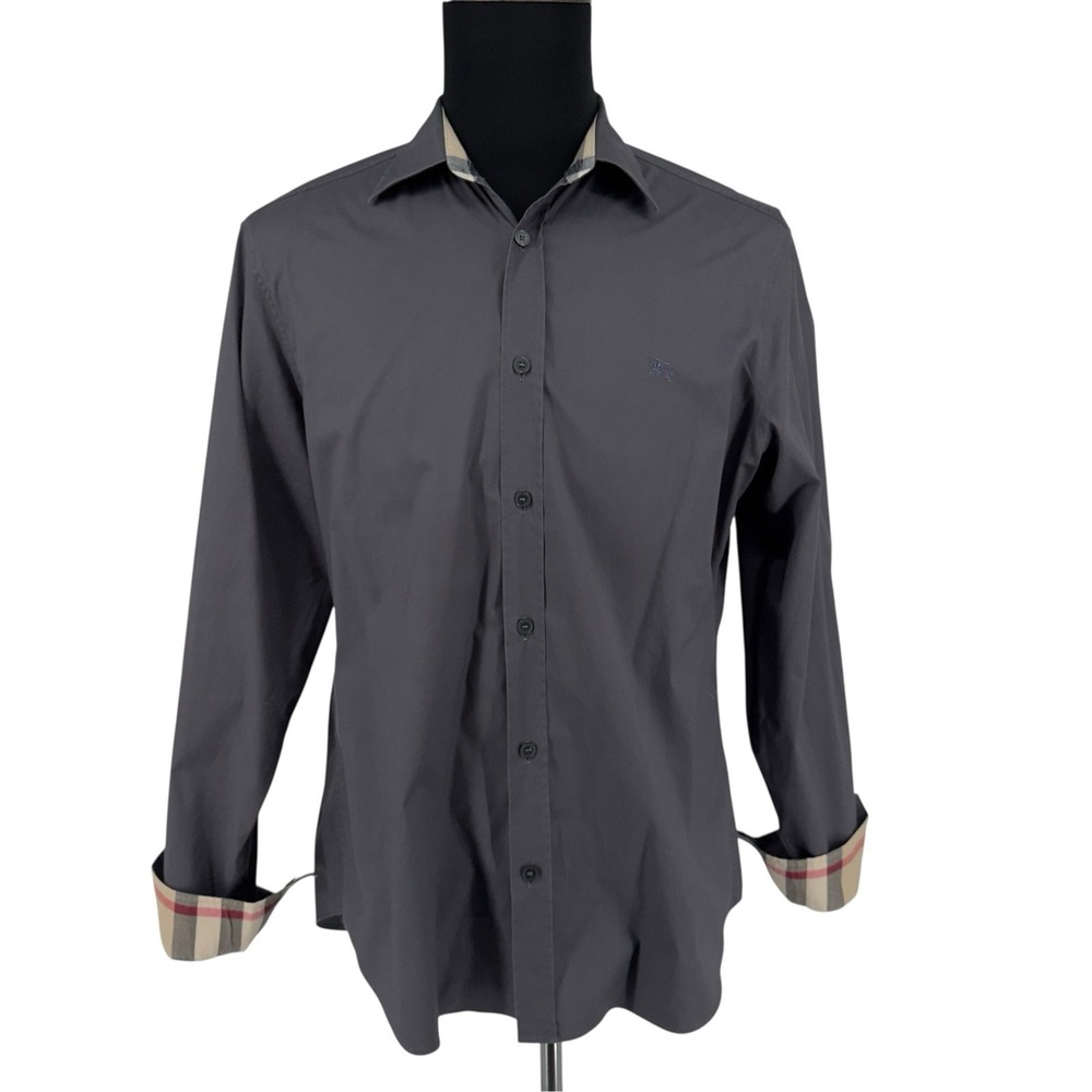 Burberry Brit Men's Button-Down Shirt Size L Gray Long Sleeve Nova Check Cuffs